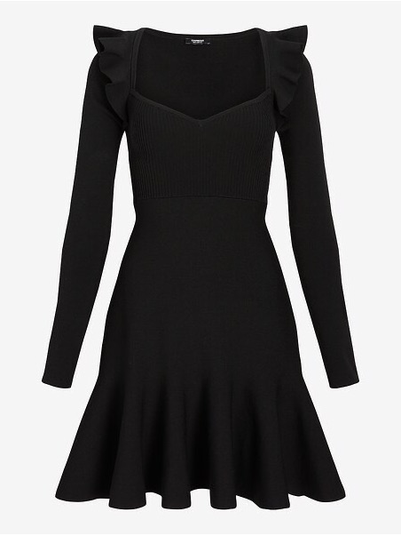 Nwt Express Black Ruffle Shoulder Knit Dress Long Sleeve Fit & Flare Size S